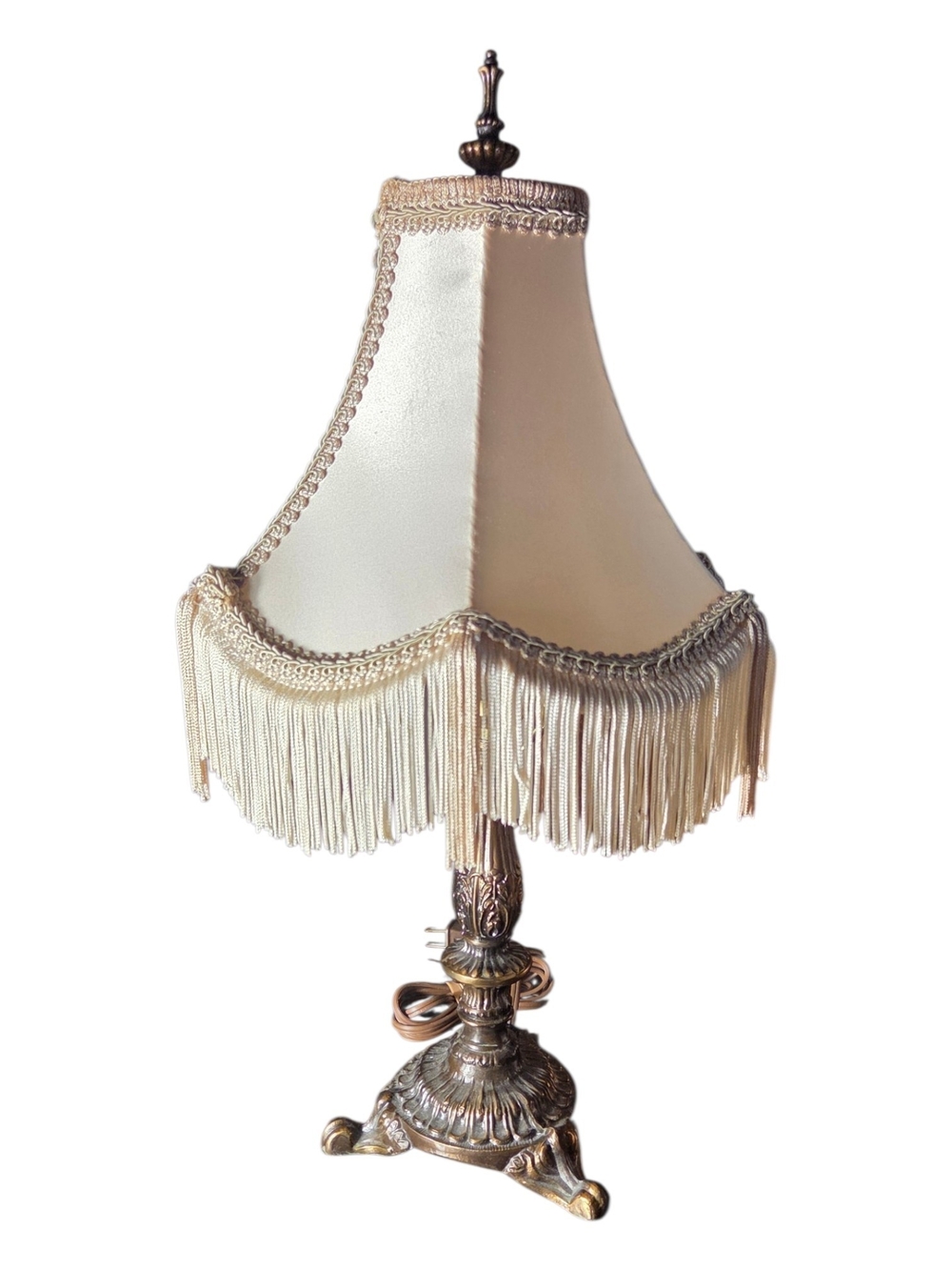 Vintage Cream Fringe Table Lamp with Ornate Brass Base